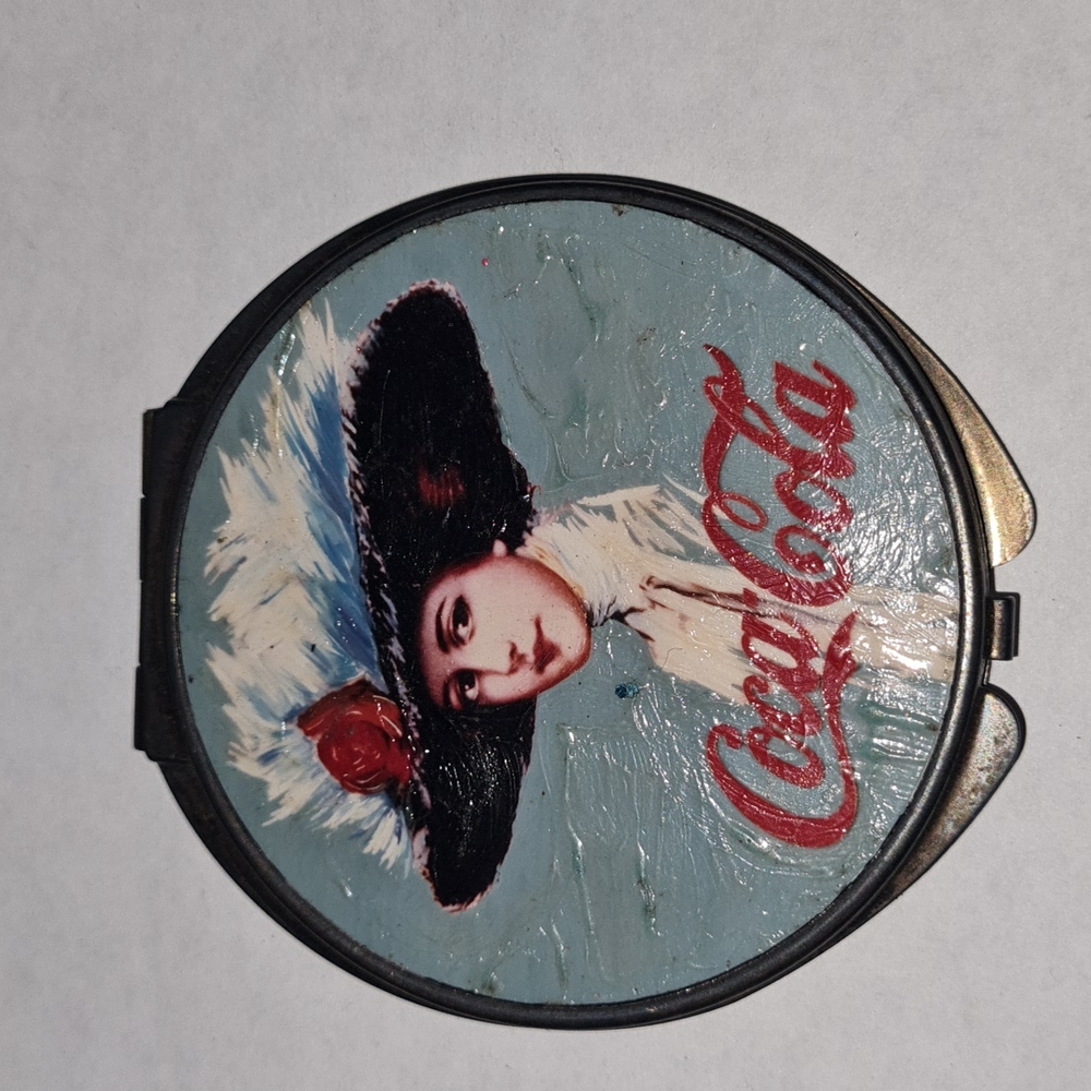 coca cola vintage double sided pocket magnification mirror blue round